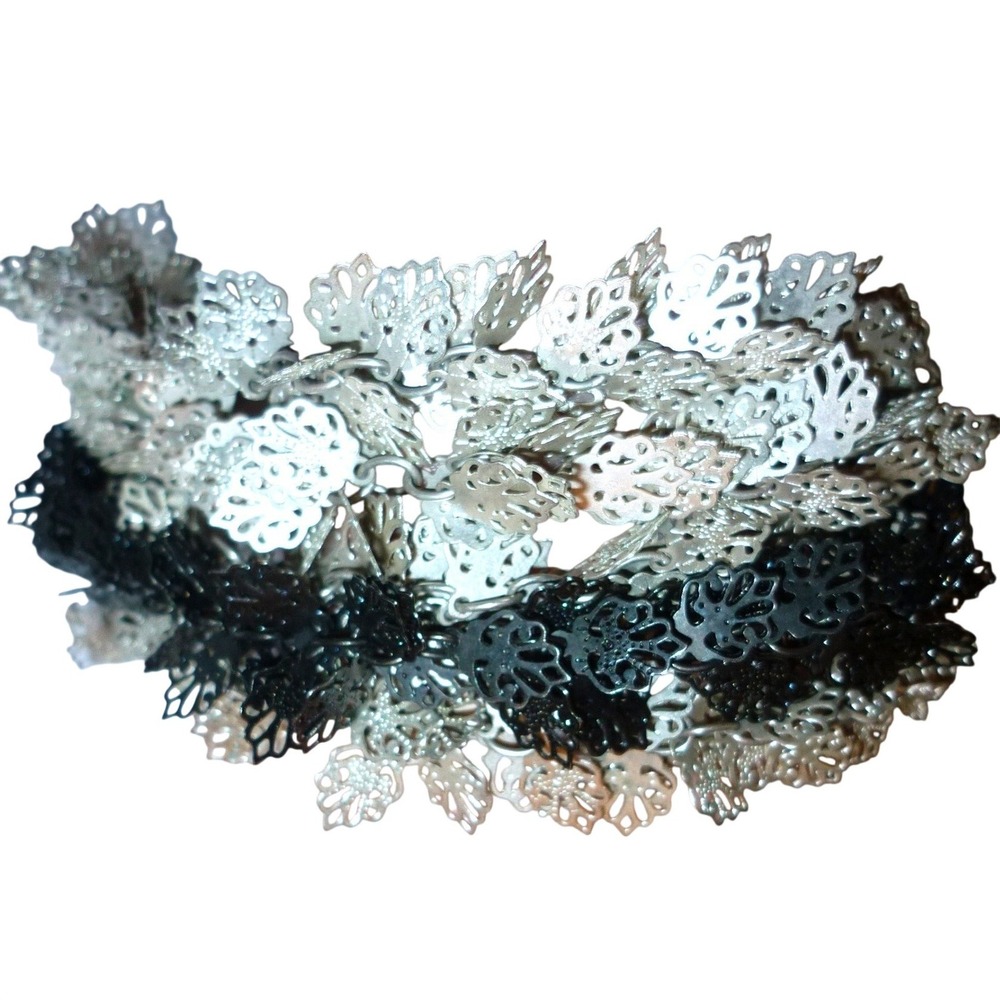 Silver & Black Filigree Leaf Multi Strand Charm Bracelet S-Hook Clasp 8.5 Inch